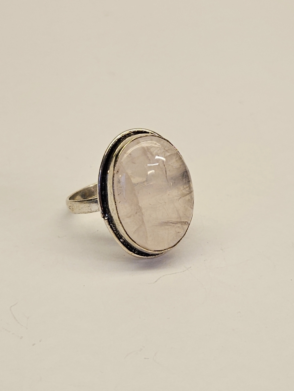Large Oval Rose Quartz Silver Ring